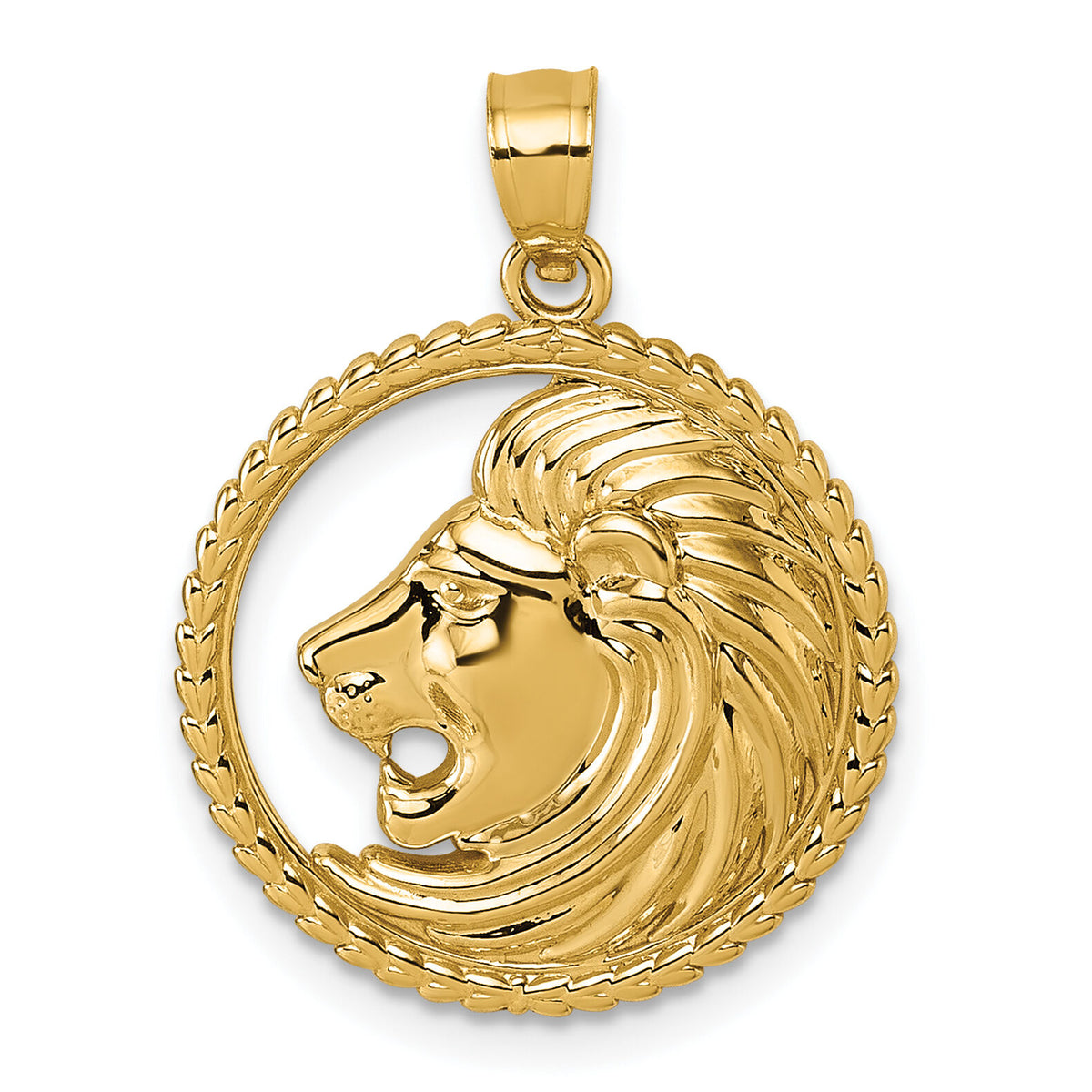14k Polished Lion with Mane Circle Pendant-K10061