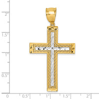 14k Polished w/Rhodium Diamond-cut Textured Fancy Cross Pendant-K10077