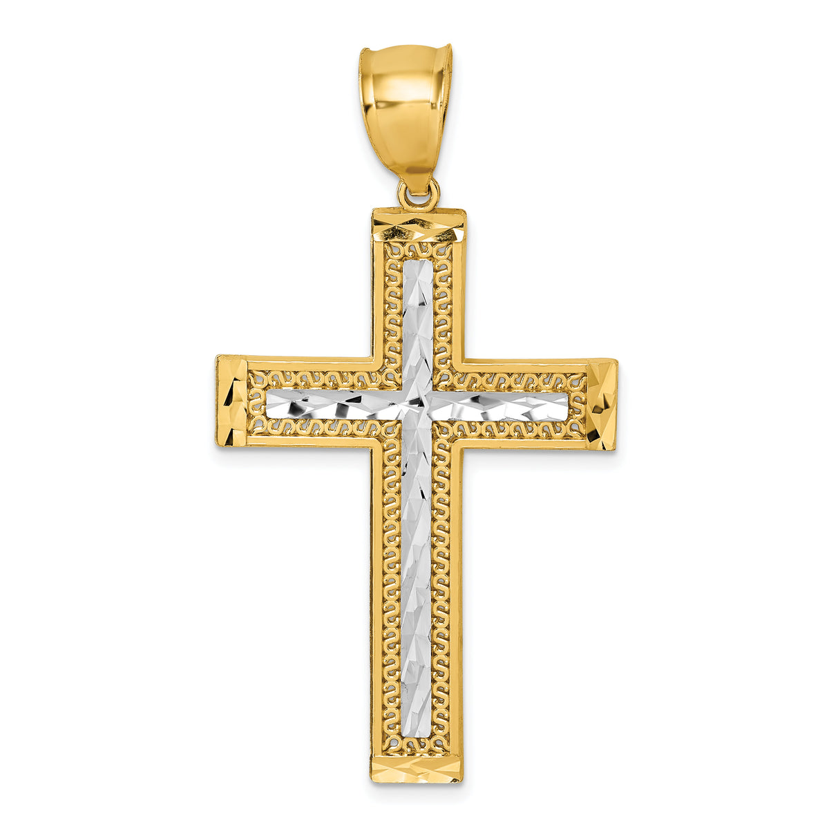 14k Polished w/Rhodium Diamond-cut Textured Fancy Cross Pendant-K10077