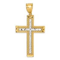 14k Polished w/Rhodium Diamond-cut Textured Fancy Cross Pendant-K10077