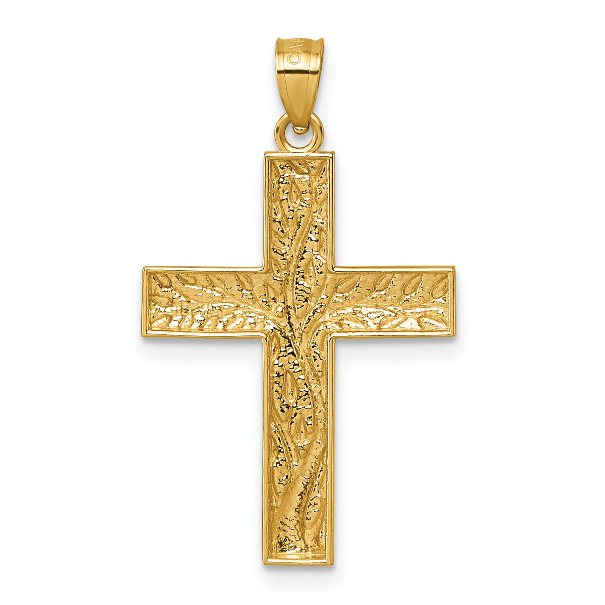 14k & Rhodium Polished Floral Tree Leaves Cross Pendant-K10082