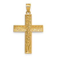14k & Rhodium Polished Floral Tree Leaves Cross Pendant-K10082