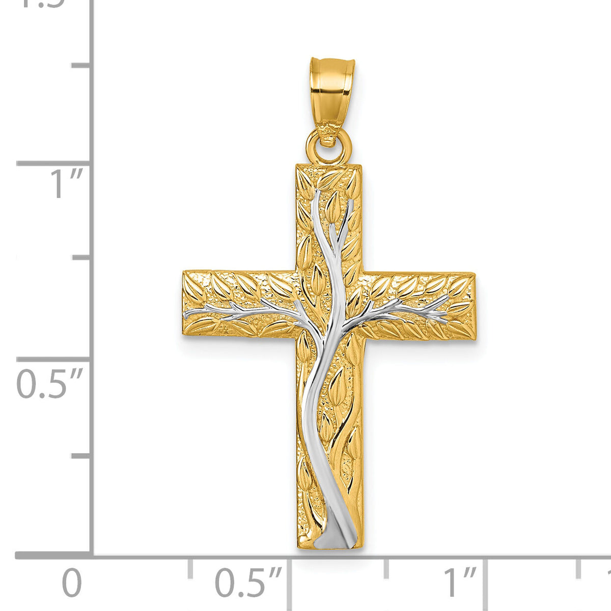 14k & Rhodium Polished Floral Tree Leaves Cross Pendant-K10082