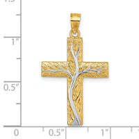 14k & Rhodium Polished Floral Tree Leaves Cross Pendant-K10082