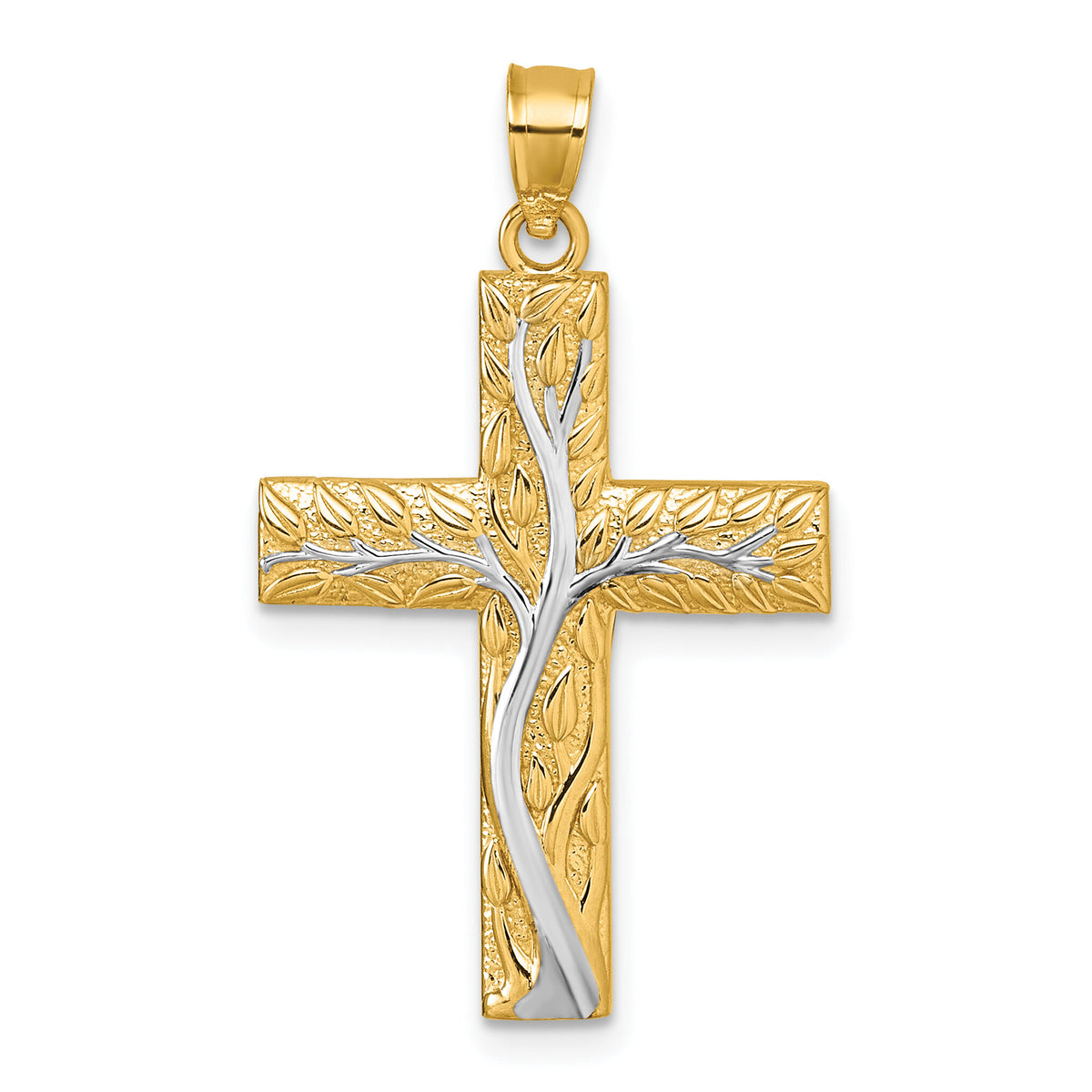 14k & Rhodium Polished Floral Tree Leaves Cross Pendant-K10082