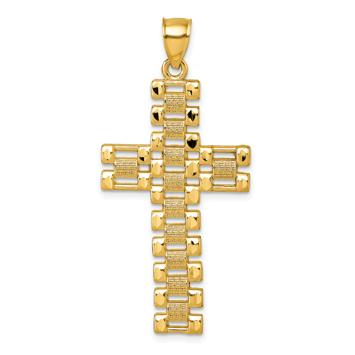 14k Polished Diamond-cut Textured Fancy Link Cross Pendant-K10084