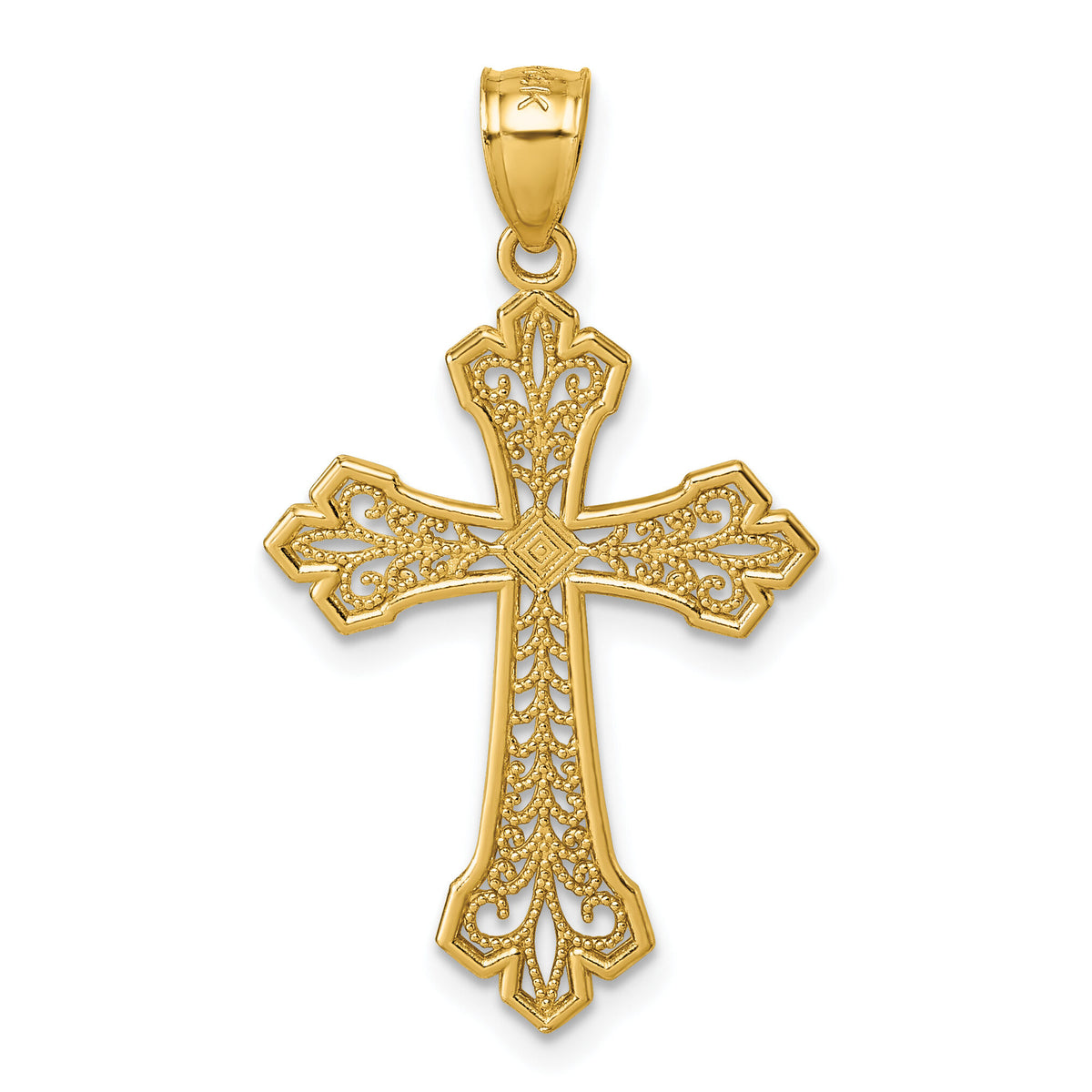 14k Polished Diamond-cut Filigree Textured Fancy Cross Pendant-K10089