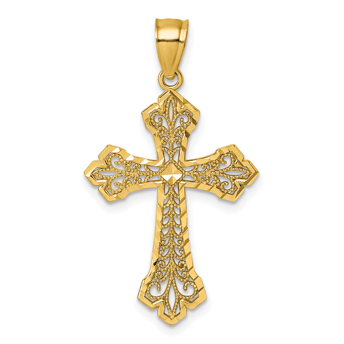 14k Polished Diamond-cut Filigree Textured Fancy Cross Pendant-K10089