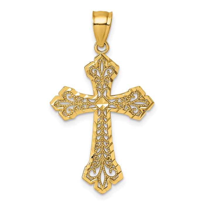 14k Polished Diamond-cut Filigree Textured Fancy Cross Pendant-K10089