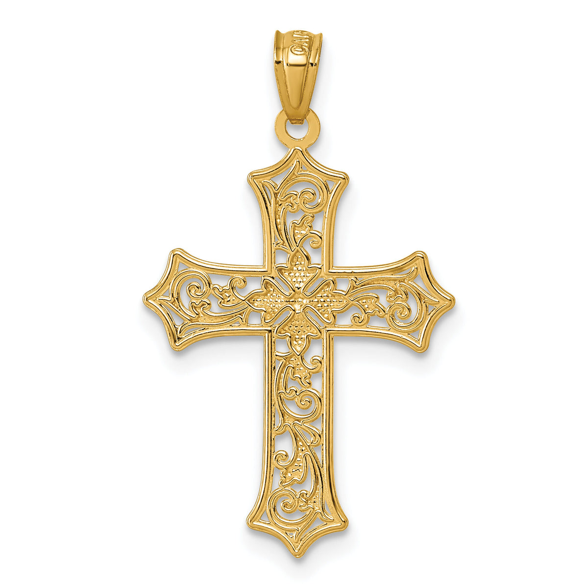 14k and Rhodium Polished Floral Cross Pendant-K10090