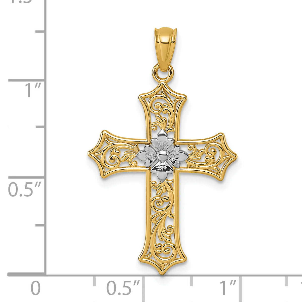 14k and Rhodium Polished Floral Cross Pendant-K10090