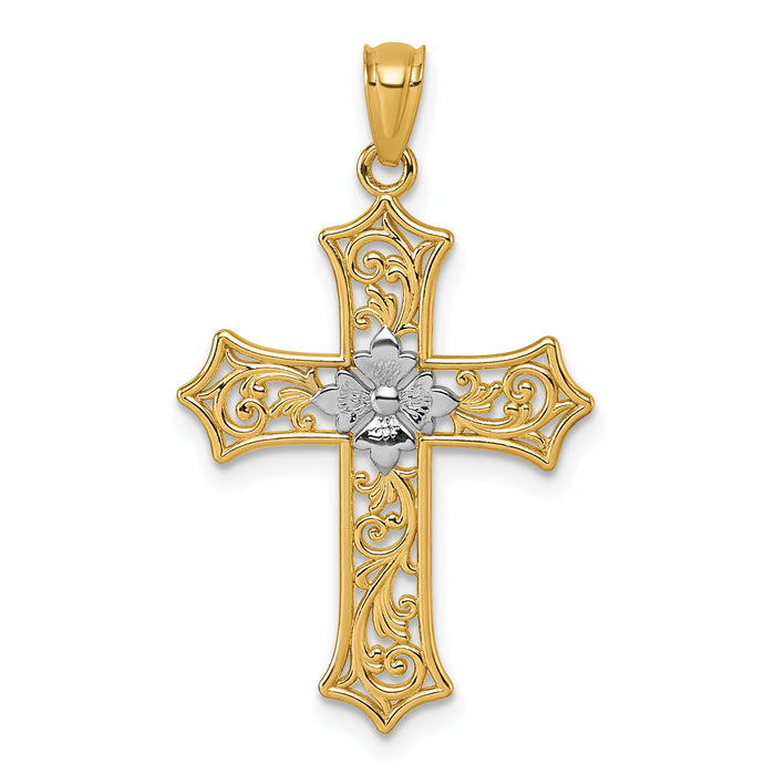 14k and Rhodium Polished Floral Cross Pendant-K10090