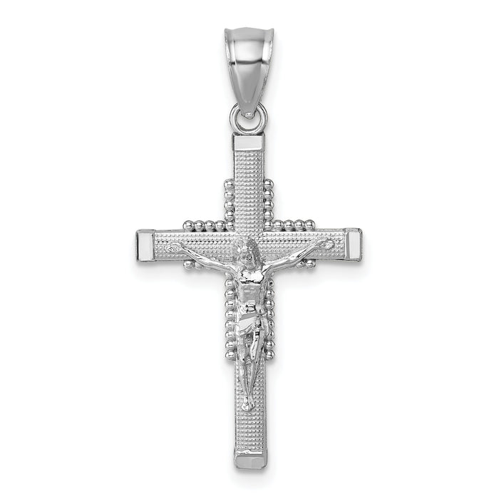 14k White Gold Polished and Diamond-cut Textured Crucifix Pendant-K10093W