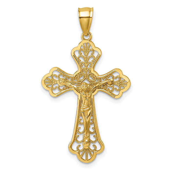 14k Polished Diamond-cut Filigree Fancy Crucifix Pendant-K10096
