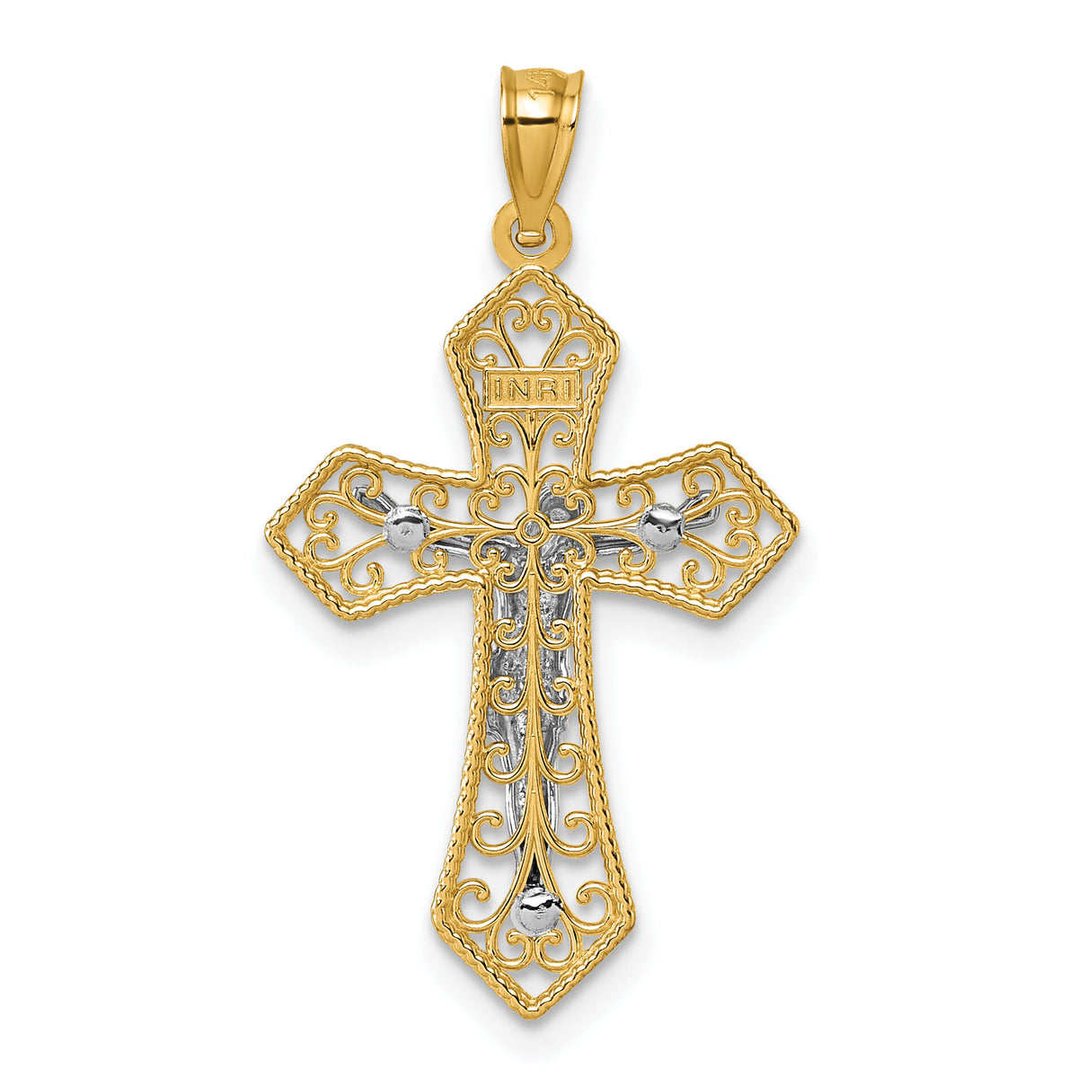 14k Two-tone Polished and Beaded Fancy Crucifix Pendant-K10097