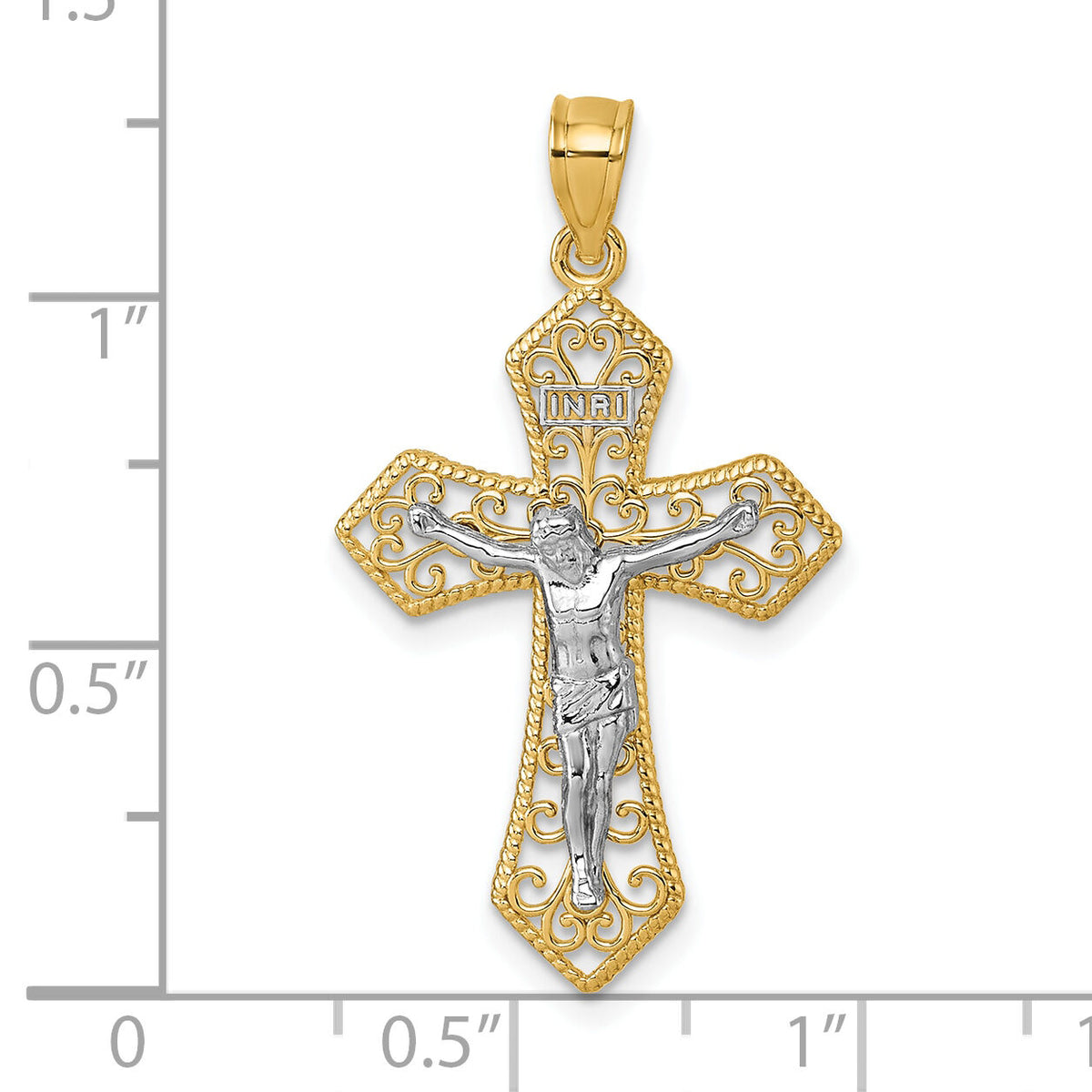 14k Two-tone Polished and Beaded Fancy Crucifix Pendant-K10097