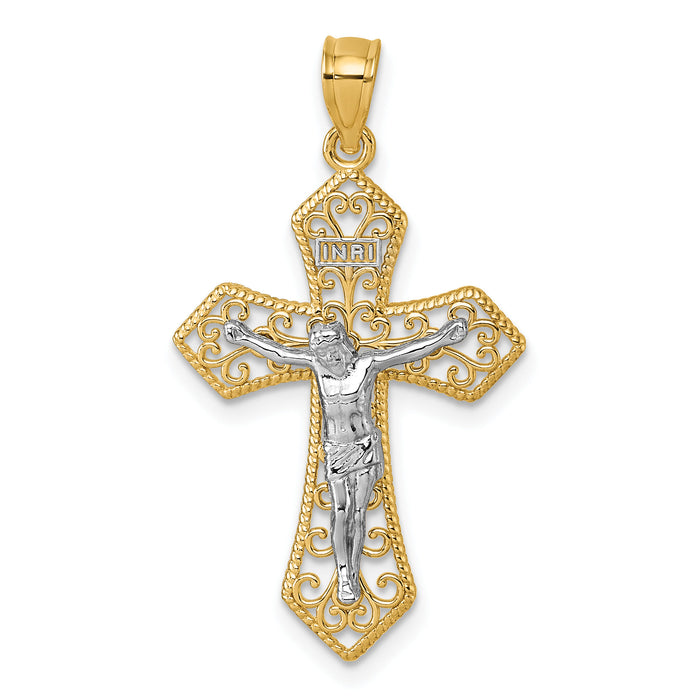 14k Two-tone Polished and Beaded Fancy Crucifix Pendant-K10097