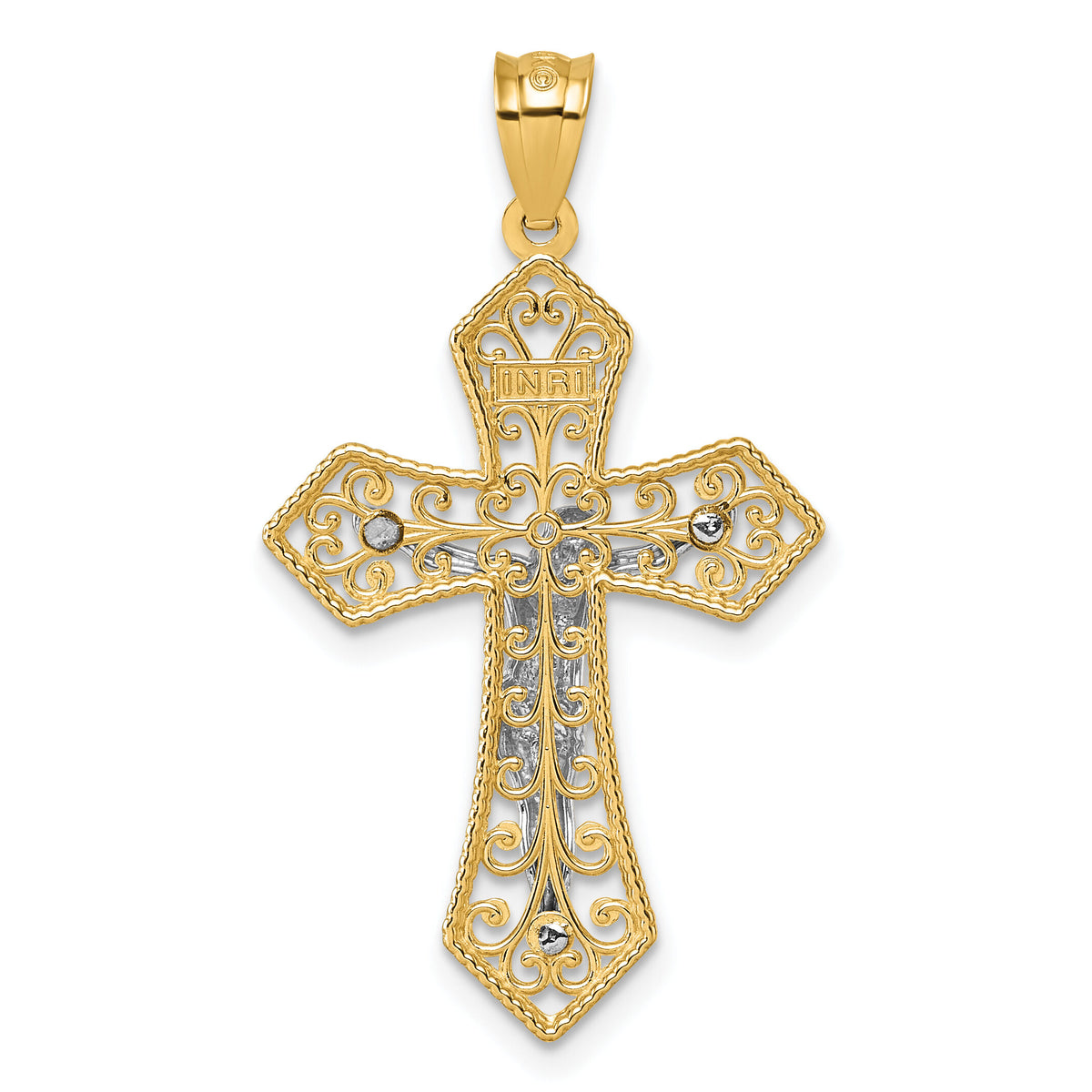 14k Two-tone Polished And Beaded Fancy Crucifix Pendant-K10098