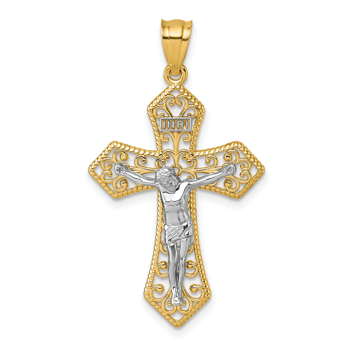 14k Two-tone Polished And Beaded Fancy Crucifix Pendant-K10098