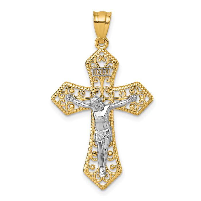 14k Two-tone Polished And Beaded Fancy Crucifix Pendant-K10098