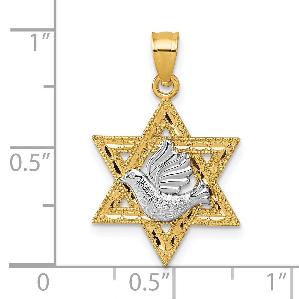 14k Two-tone Textured/Diamond-cut Dove On Star Of David Pendant-K10113
