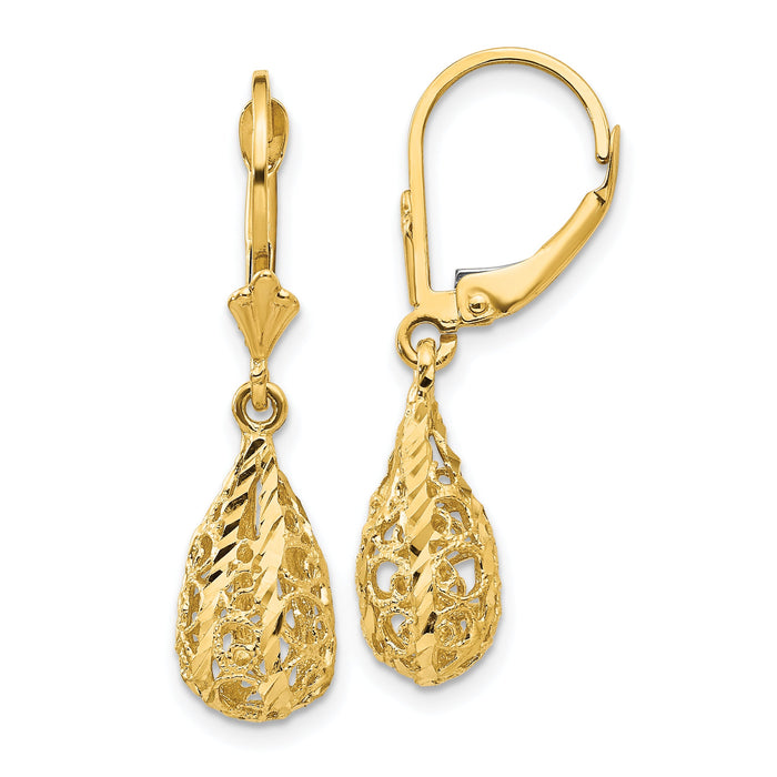 14k Polished Diamond-Cut Filigree Dangle Leverback Earrings-K116