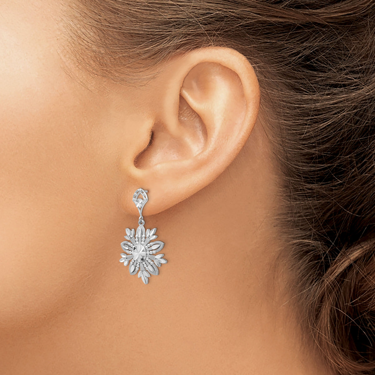 14k White Gold Fancy Snowflake Dangle Earrings-K1382