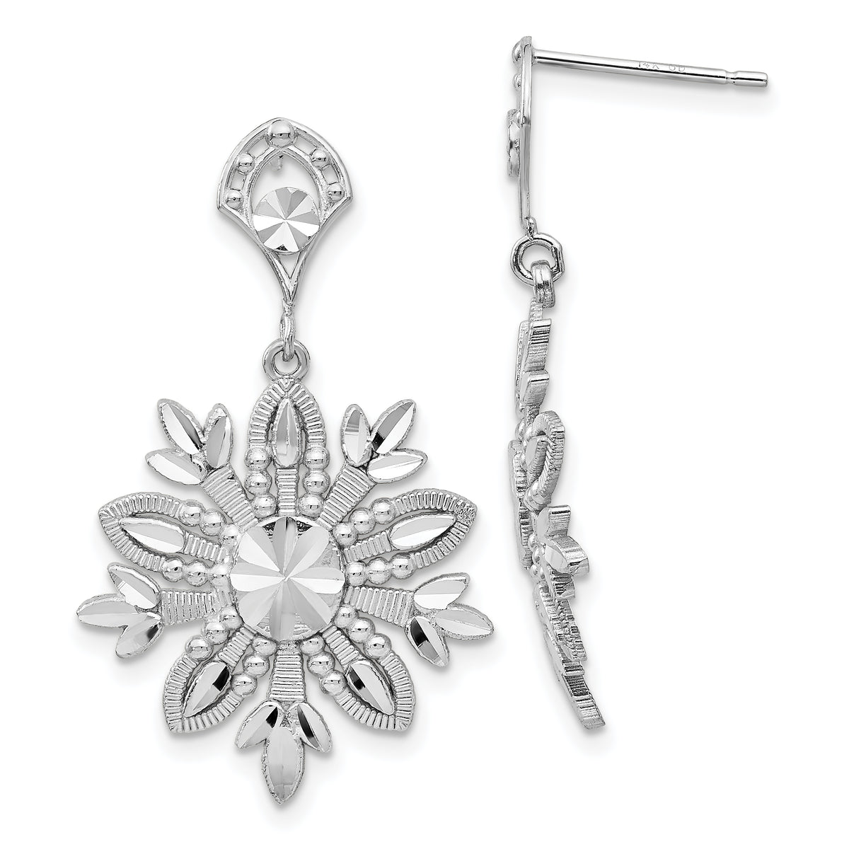 14k White Gold Fancy Snowflake Dangle Earrings-K1382