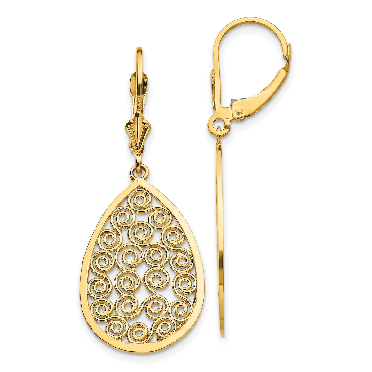 14k Teardrop Filigree Dangle Leverback Earrings-K1394