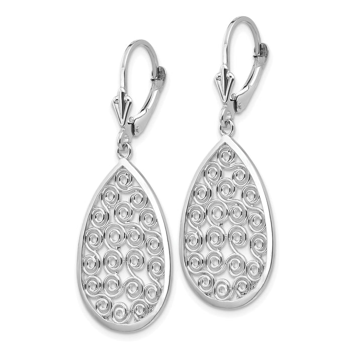 14k White Gold Teardrop Filigree Dangle Leverback Earrings-K1395