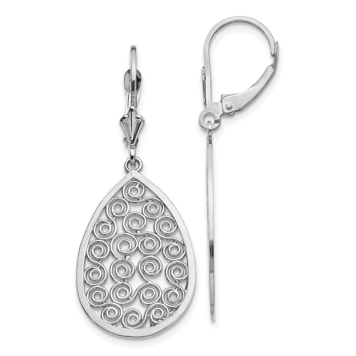 14k White Gold Teardrop Filigree Dangle Leverback Earrings-K1395