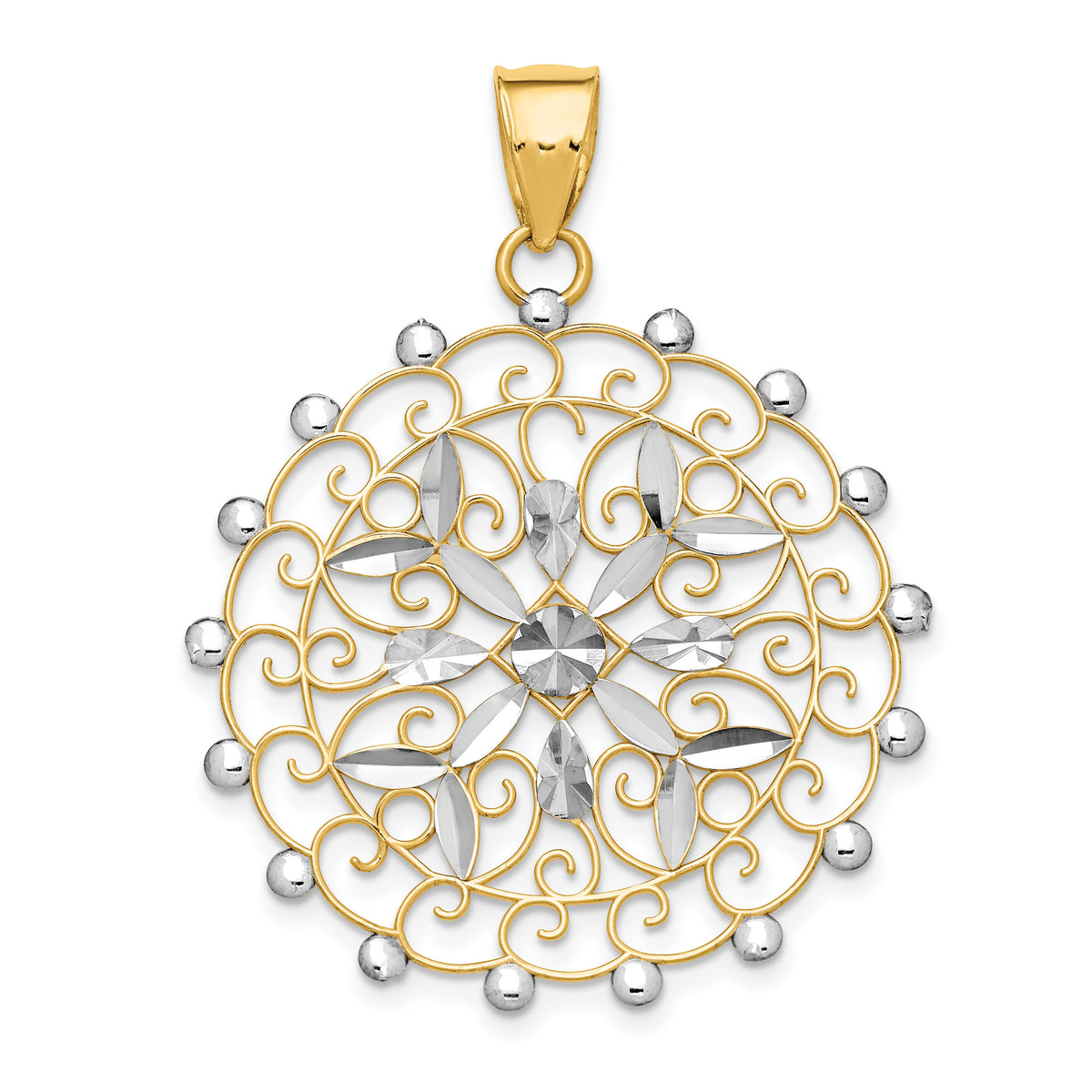 14k White Rhodium Diamond-cut Filigree Pendant-K1547