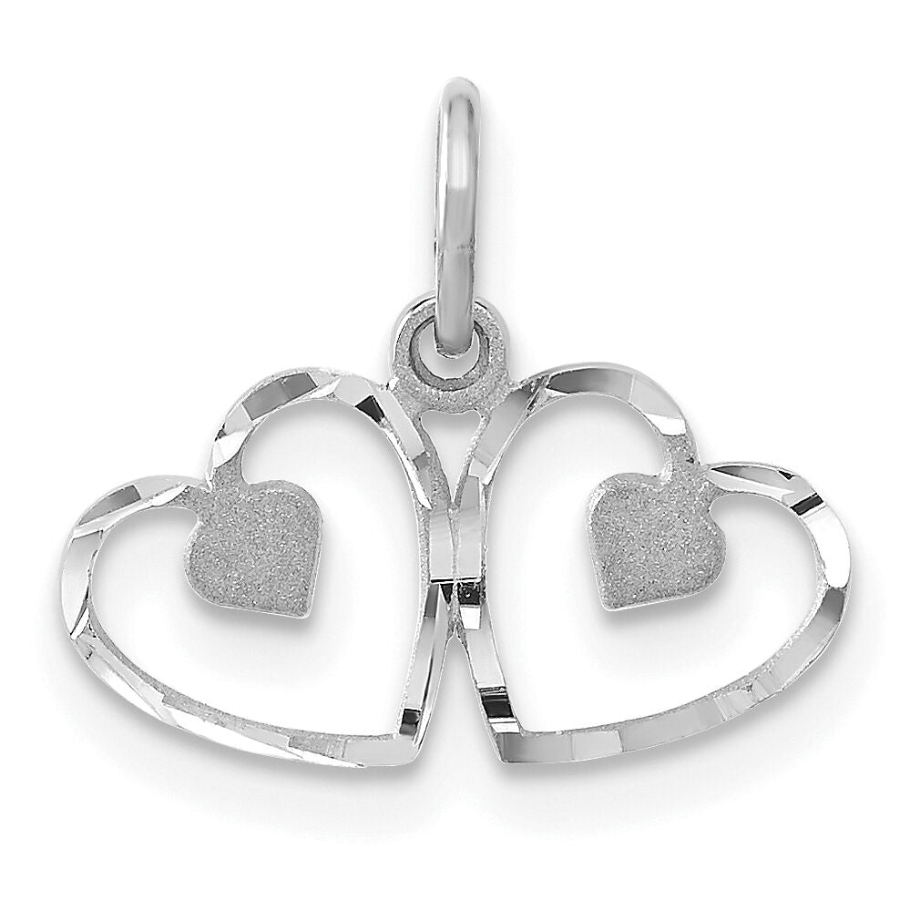 14k White Gold Satin And Diamond-cut Double Heart Charm-K176