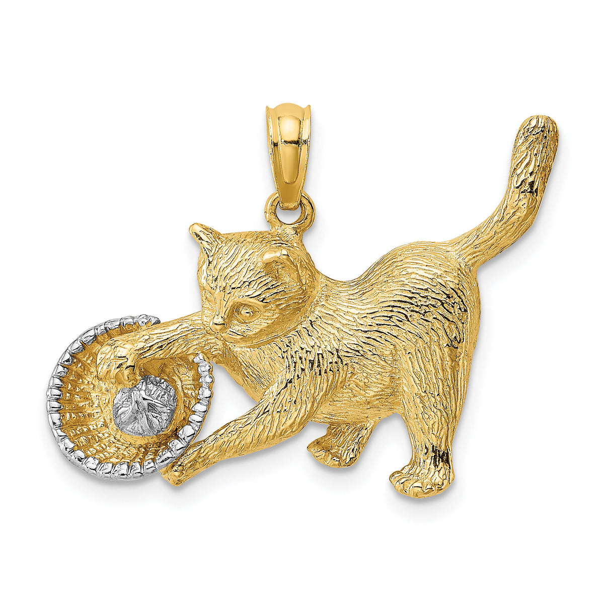 14k Rhodium Cat Playing with Yarn in Basket Charm-K1987