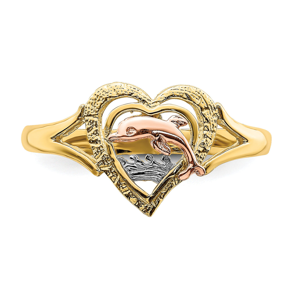 14K Yellow and Rose Gold W/Rhodium Dolphin In Heart Ring-K2068