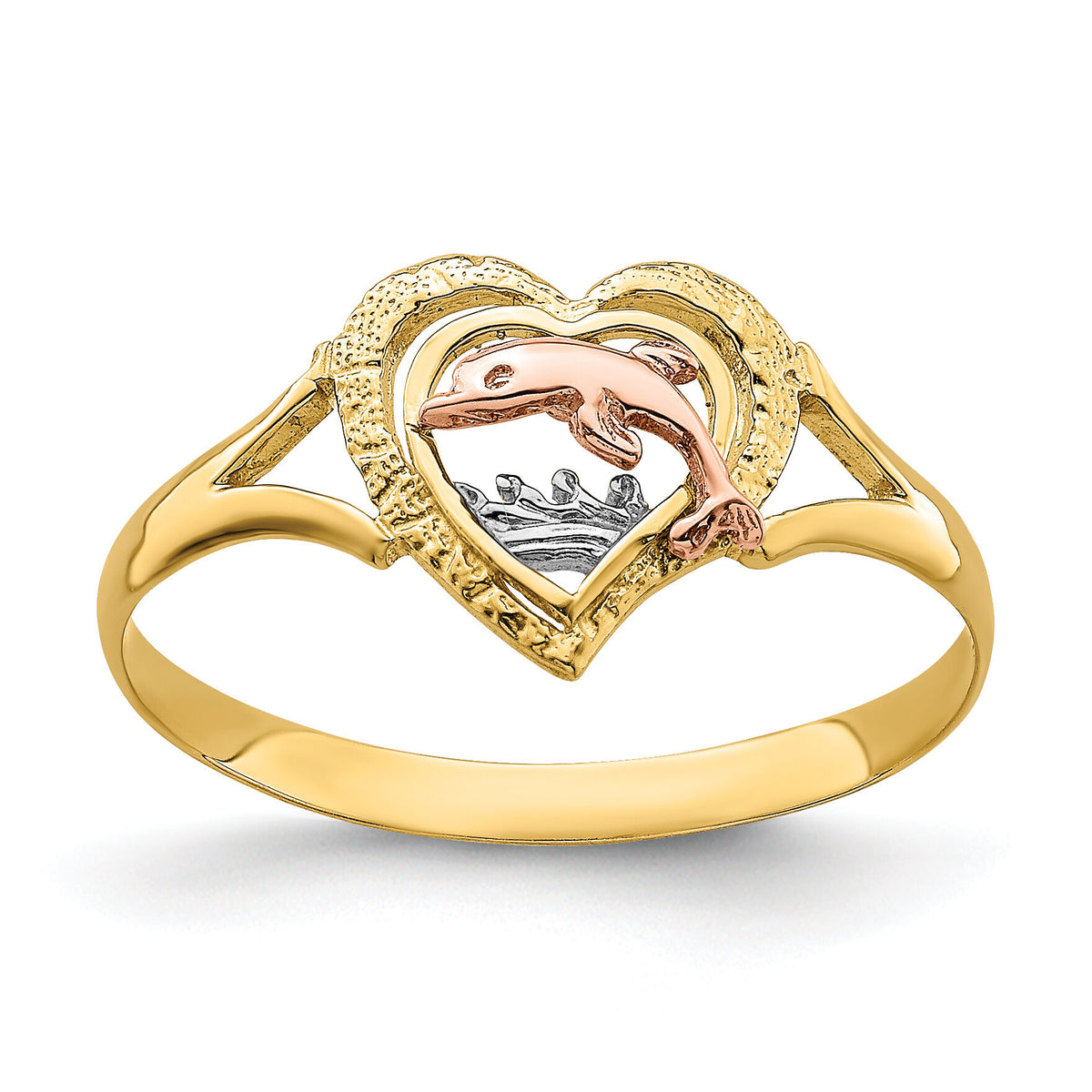 14K Yellow and Rose Gold W/Rhodium Dolphin In Heart Ring-K2068