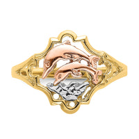 14K Yellow and Rose Gold W/Rhodium Double Dolphin Ring-K2069