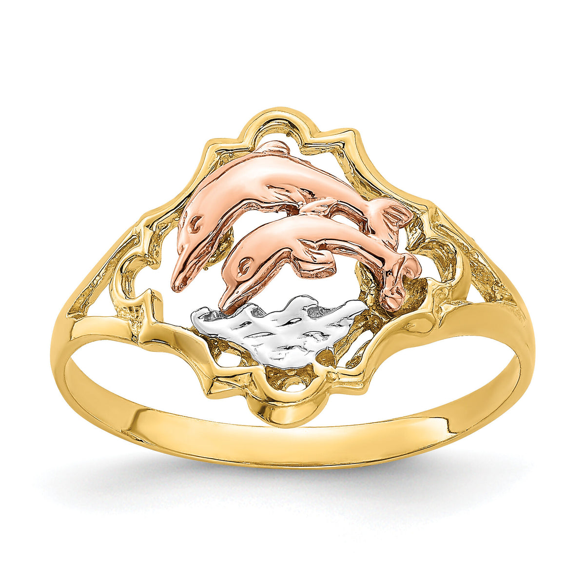 14K Yellow and Rose Gold W/Rhodium Double Dolphin Ring-K2069