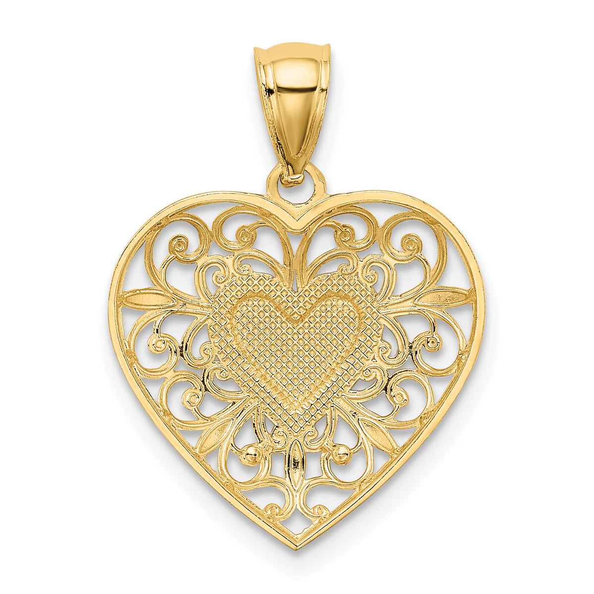 14K and White Rhodium Polished Diamond-cut Filigree Heart Pendant-K2527