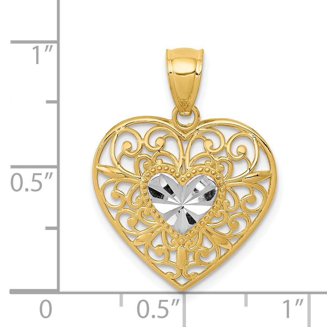 14K and White Rhodium Polished Diamond-cut Filigree Heart Pendant-K2527