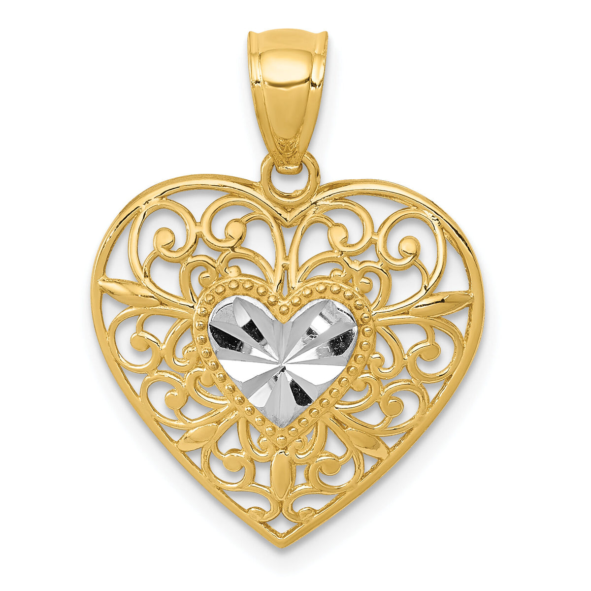 14K and White Rhodium Polished Diamond-cut Filigree Heart Pendant-K2527