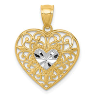 14K and White Rhodium Polished Diamond-cut Filigree Heart Pendant-K2527