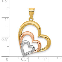14K Two-tone and White Rhodium Polished 3 Hearts Pendant-K2551