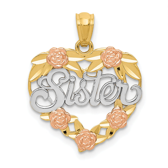 14k Two-tone w/White Rhodium SISTER Heart Pendant-K2696