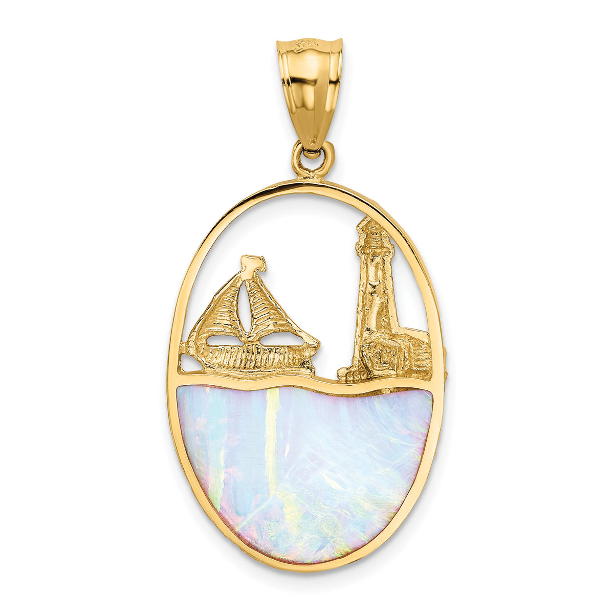 14K Lab Created Opal Lighthouse Sailboat Pendant-K2857