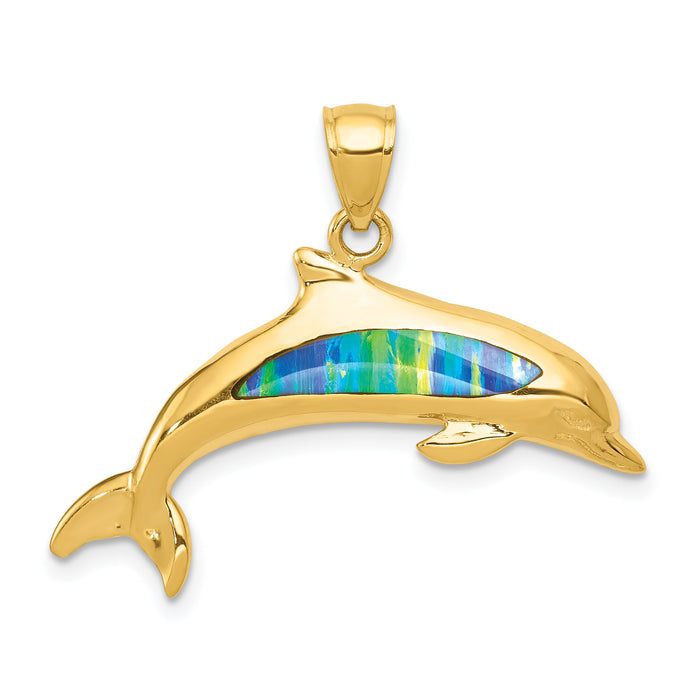14K Lab Created Opal Dolphin Pendant-K3008