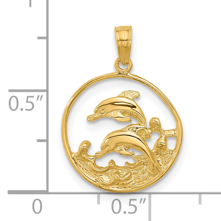 14k Double Dolphin Circle Pendant-K3018
