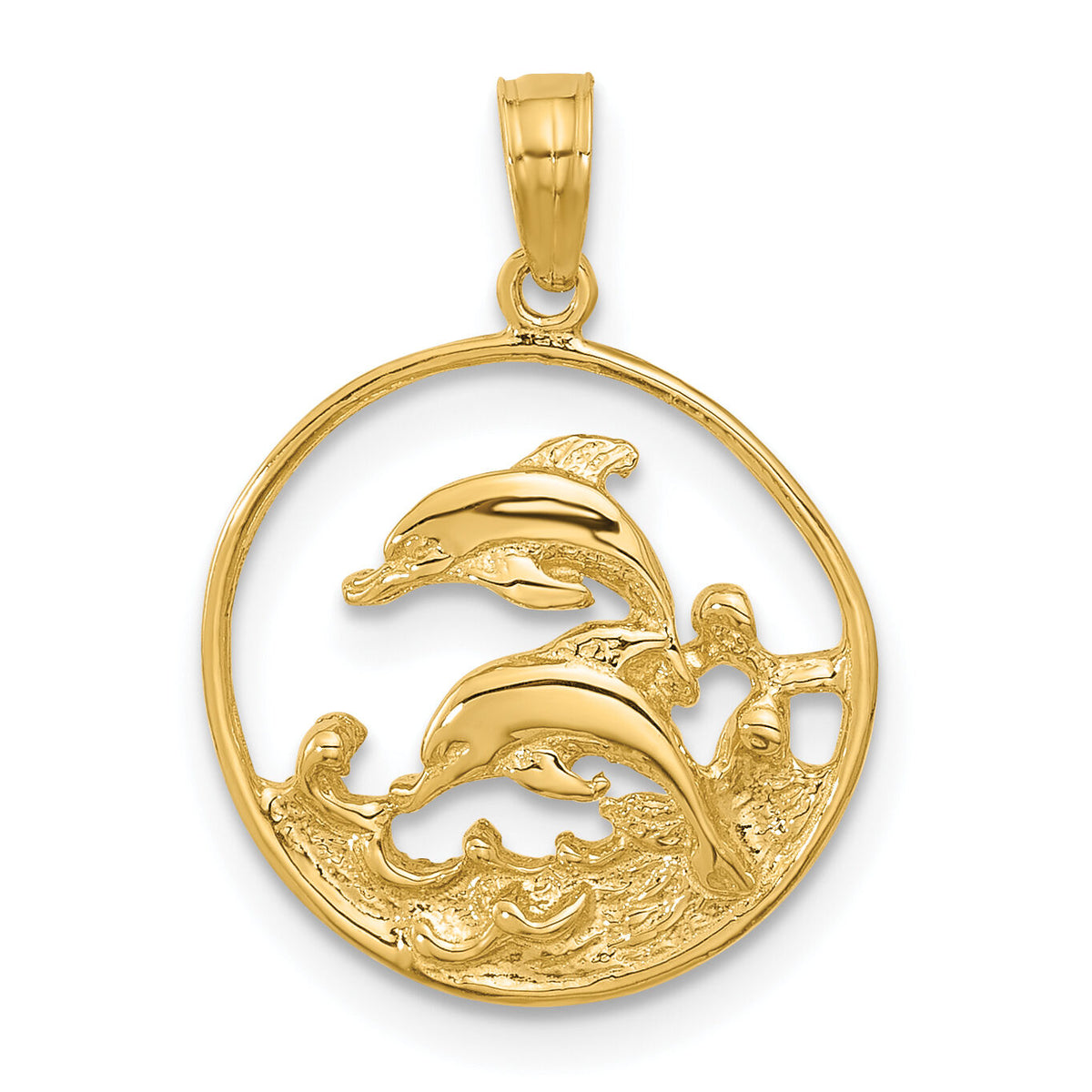 14k Double Dolphin Circle Pendant-K3018
