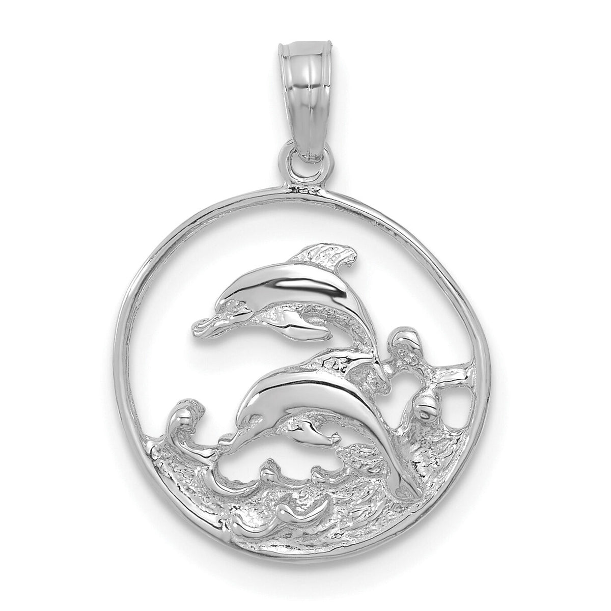 14K White Gold Double Dolphin Circle Pendant-K3018W