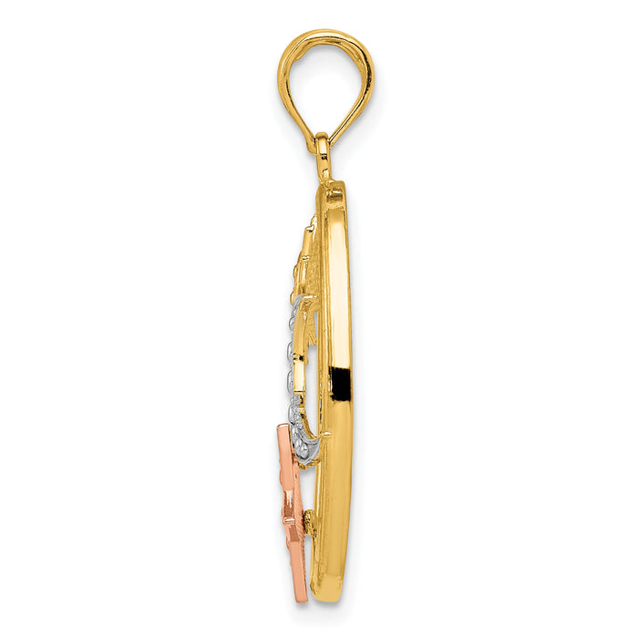 14k Two-tone w/White Rhodium Sun, Moon and Star Oval Pendant-K3191